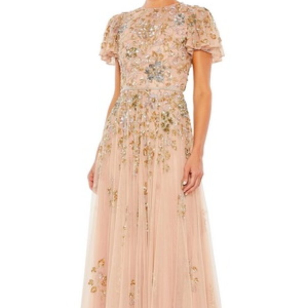 Mac Duggal Taupe Embellished Butterfly Sleeve High Neck Gown